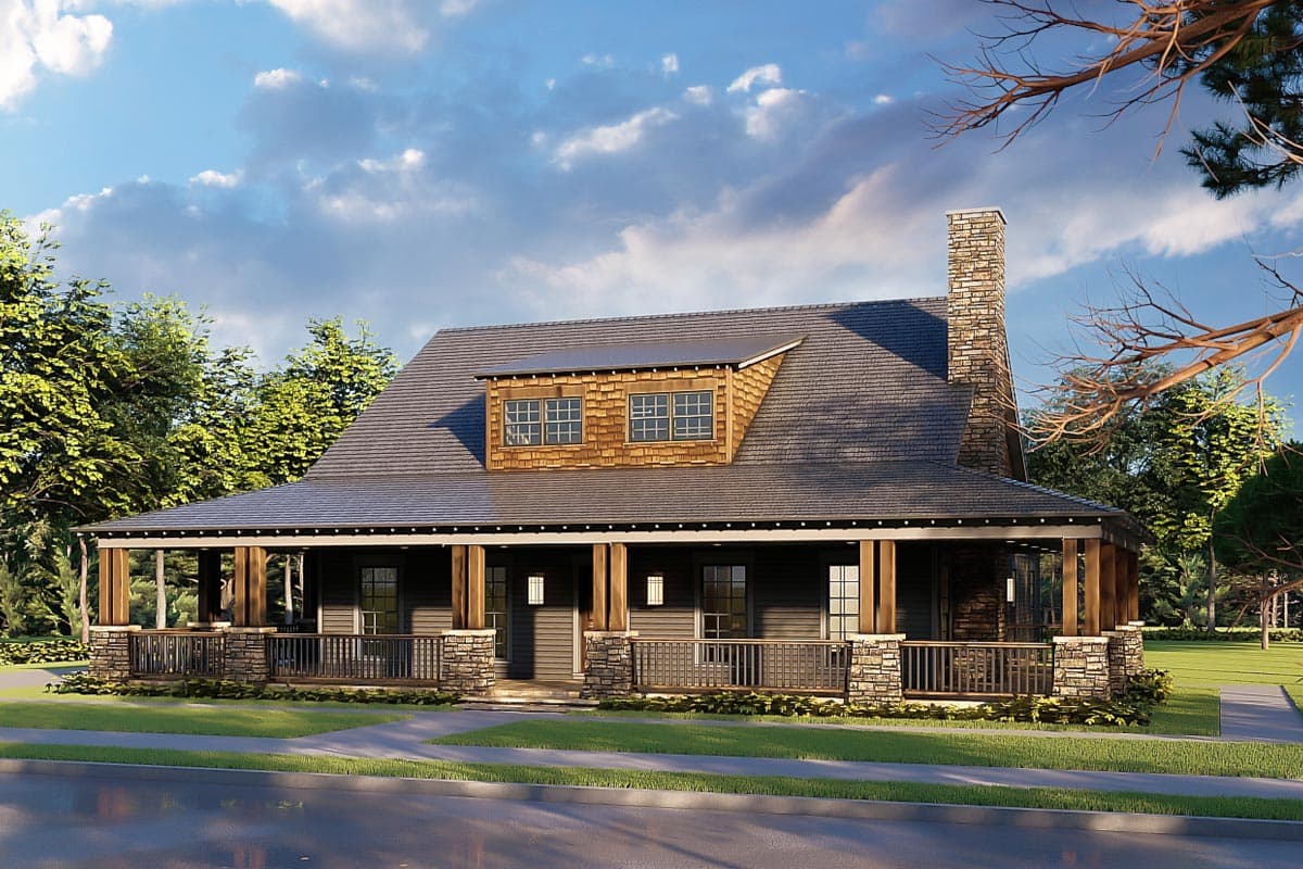 House plan exterior. Craftsman style, one-story home with front porch, stone chimney, and dormer windows.