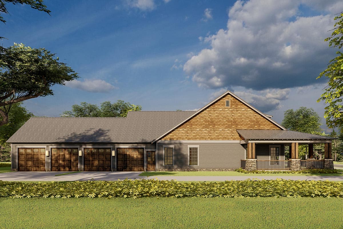 House plan exterior with attached four-car garage, covered porch with stone pillars, and shingle-clad gable.