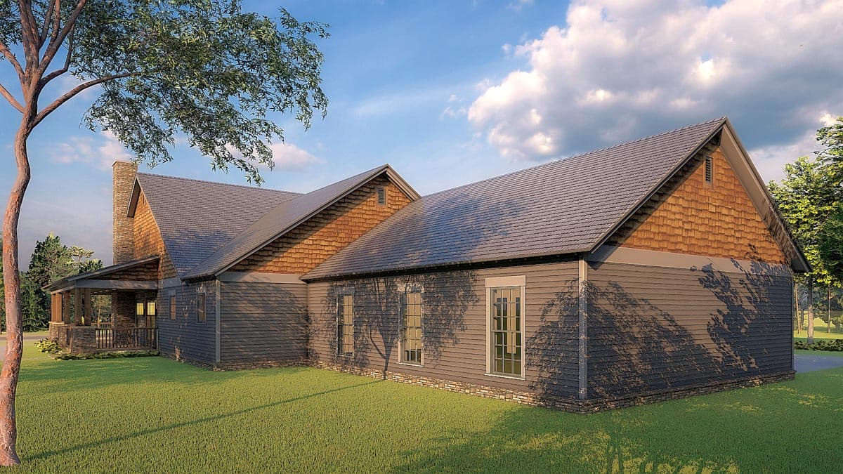 House plan exterior: Ranch style with stone chimney, gabled dormers, wide eaves, and covered porch.