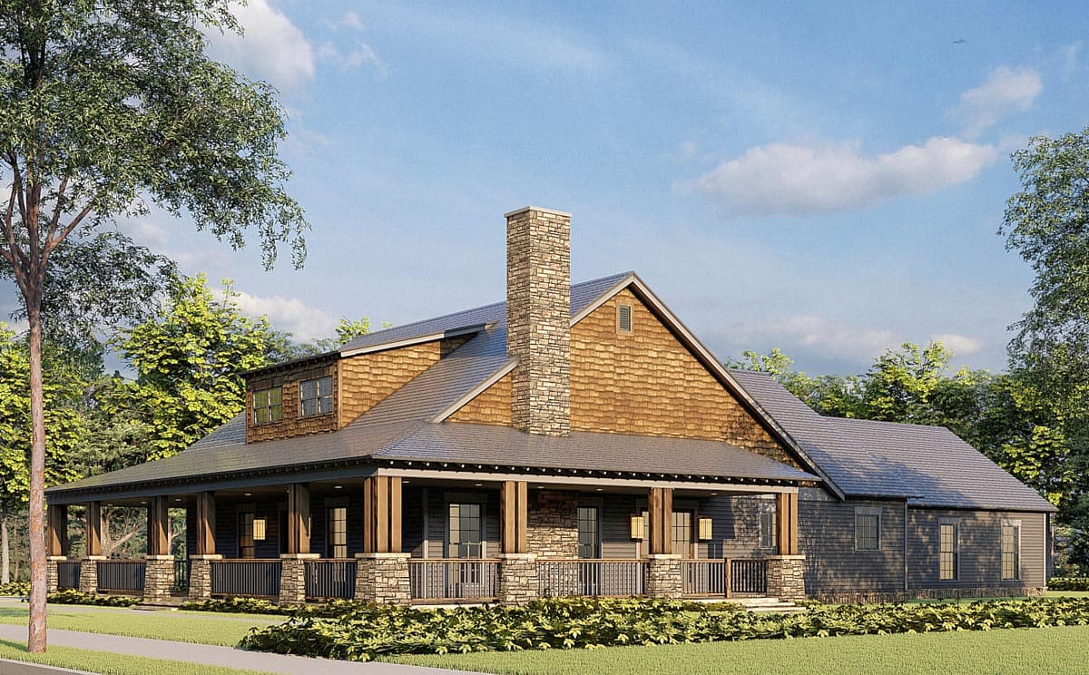 House plan exterior: Ranch style, full-length porch with stone and wood columns, prominent stone chimney, cedar shake siding.