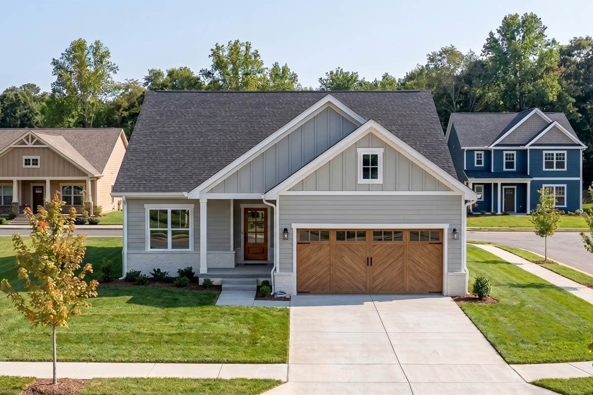 Modern Farmhouse style house plan exterior. One-story home with gabled roof, front porch, and double garage door.