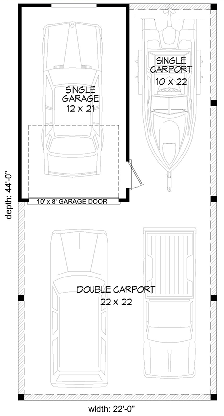 Plan 68692VR: Detached Single Garage and Carport - Floor Plan - Main Level - Country, Traditional