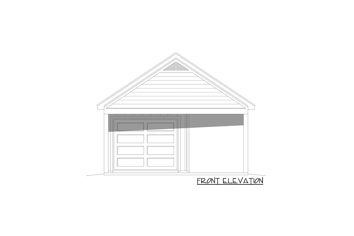 Front elevation drawing of a single-story garage with a gable roof, a two-panel garage door, and horizontal siding.