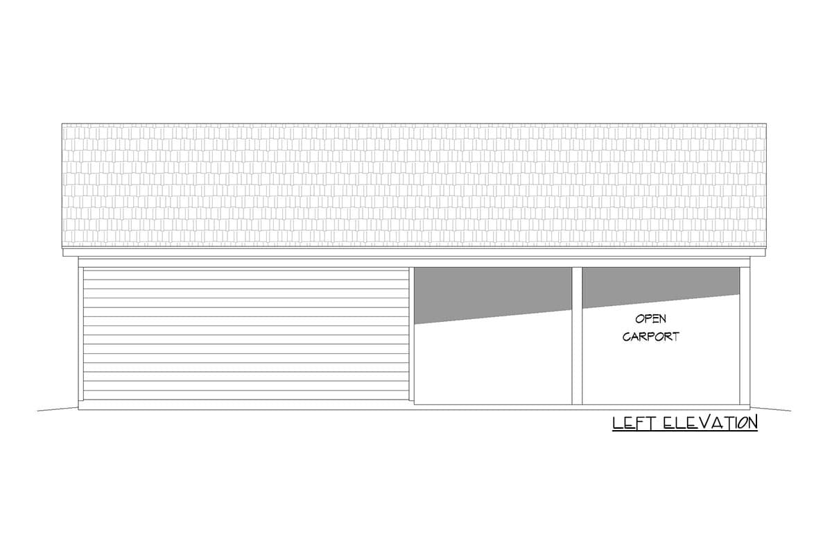 Left elevation drawing of a house plan with a garage and an open carport, featuring horizontal siding and a shingled roof.
