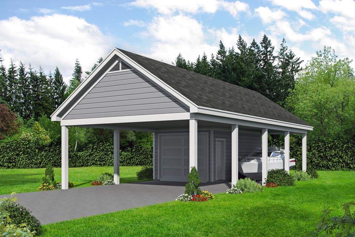 House plan exterior with a gable roof, covered porch, and attached garage. Includes a carport for a boat with a gray siding and a concrete driveway.