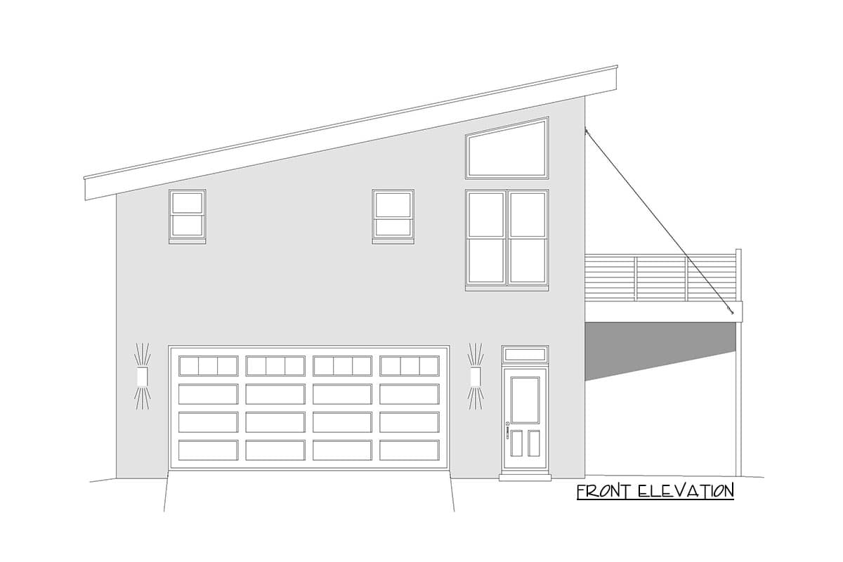 Front elevation house plan with a modern style, a prominent garage, a sloped roof, a deck, and varied window arrangements.