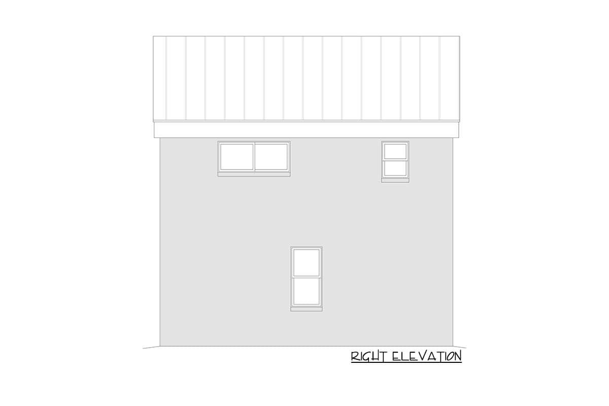 Right elevation drawing of a house plan showing a vertical metal roof, minimal siding, and three windows of varying sizes.