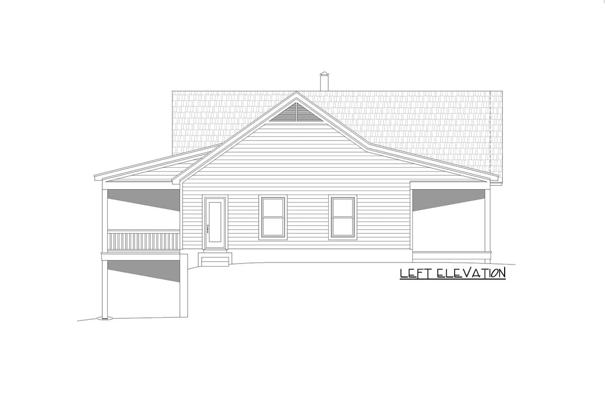 Left elevation house plan drawing of a single-story home with a prominent gable, covered front porch, and two windows.