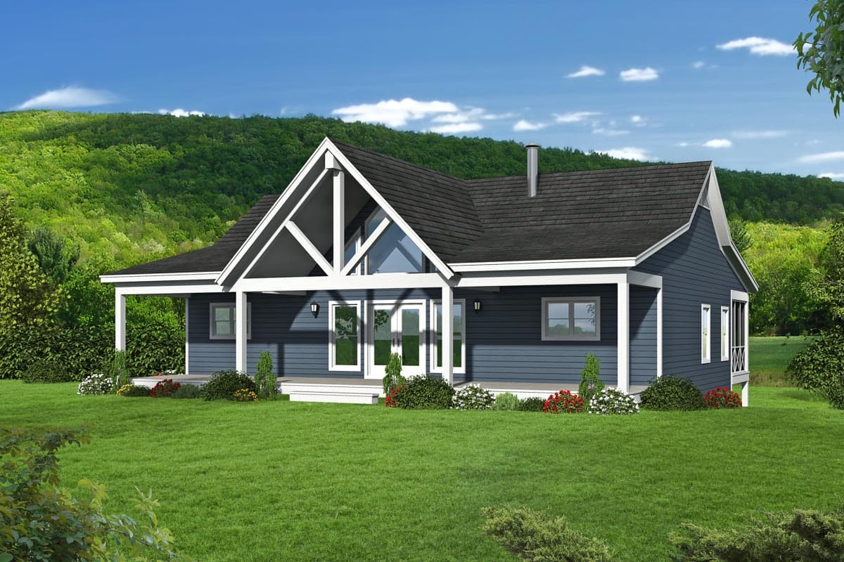 House plan exterior featuring a single-story design with a gable roof, covered porch, and exposed structural supports above the entryway.