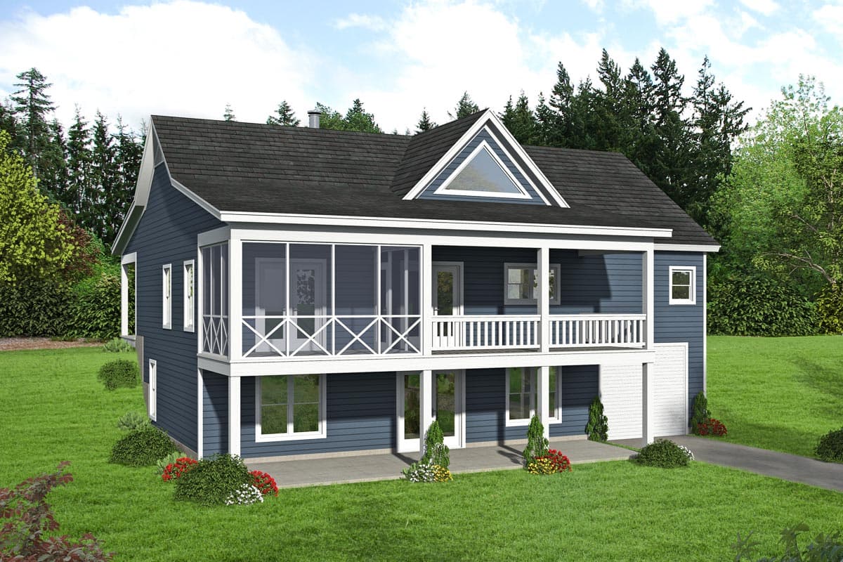 House plan exterior: Two-story home with a screened porch, white railings, and a prominent gable dormer.