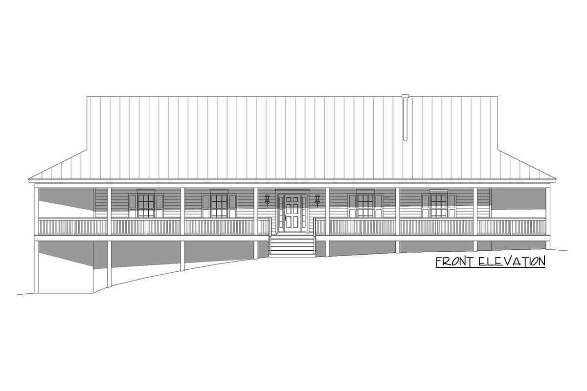 Front elevation drawing of a house with a full-width porch, standing seam metal roof, and double entry doors.