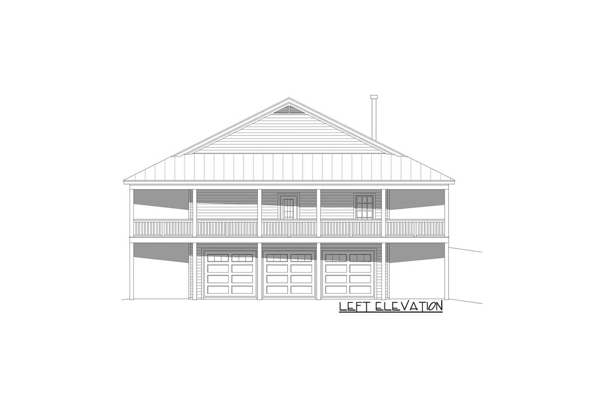 Left elevation drawing of a two-story house plan with a full-width porch and a three-car garage.
