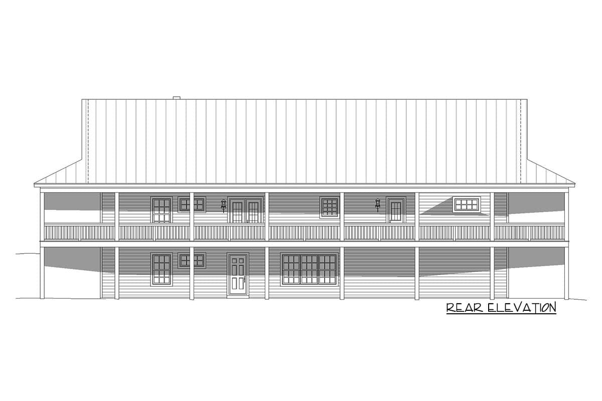 Rear elevation drawing of a two-story house plan with a full-width double porch, metal roof, and numerous windows.