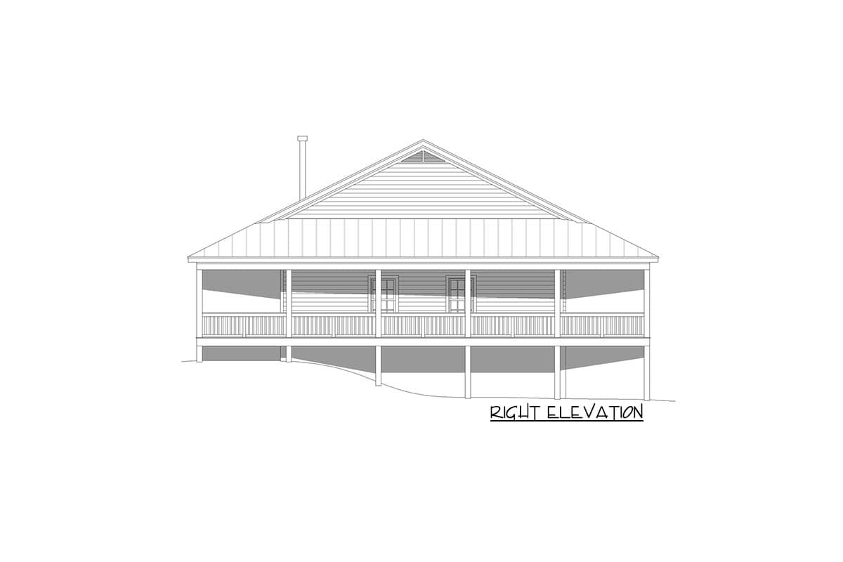Right elevation house plan. Features a full-width porch, gabled roof, and visible chimney.