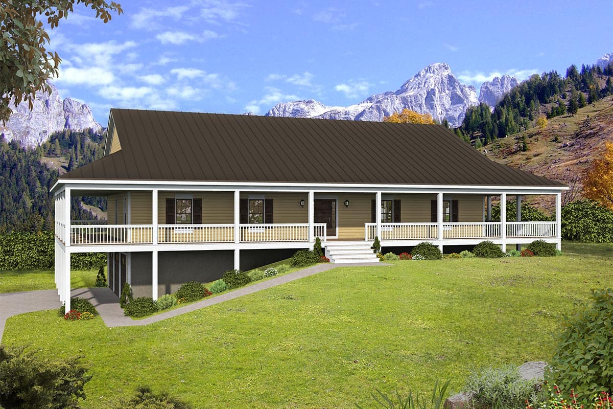 House plan exterior. Ranch style with a covered porch, white railing, and a dark metal roof. Two-story structure with a walk-out basement.