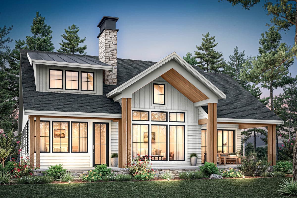 Modern farmhouse house plan exterior with stone chimney, gables, shed dormer, and covered porch.