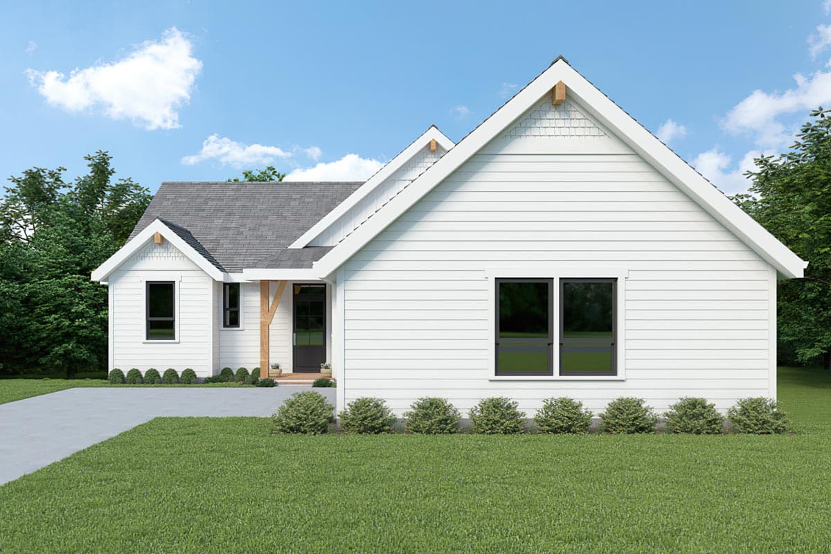 House plan exterior: Modern Farmhouse style, one story, with gables, wood-supported entry, and white horizontal siding.