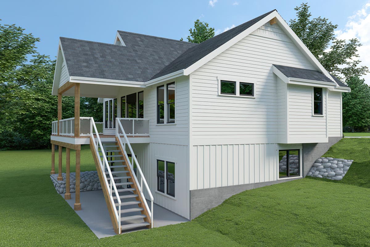 House plan exterior: Two-story Modern Farmhouse with covered deck, exterior stairs, and gabled rooflines.