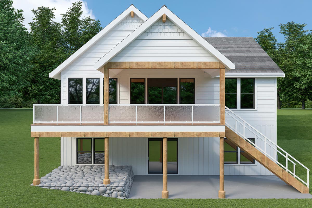 Modern Farmhouse house plan exterior with dual gables, wood-clad porch, and glass-paneled balcony.