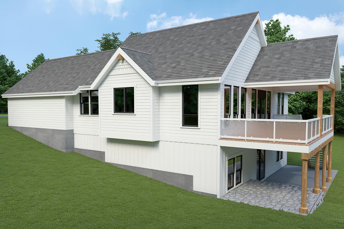 House plan exterior: Two-story modern farmhouse with gables, a covered porch, and a deck with glass railings.
