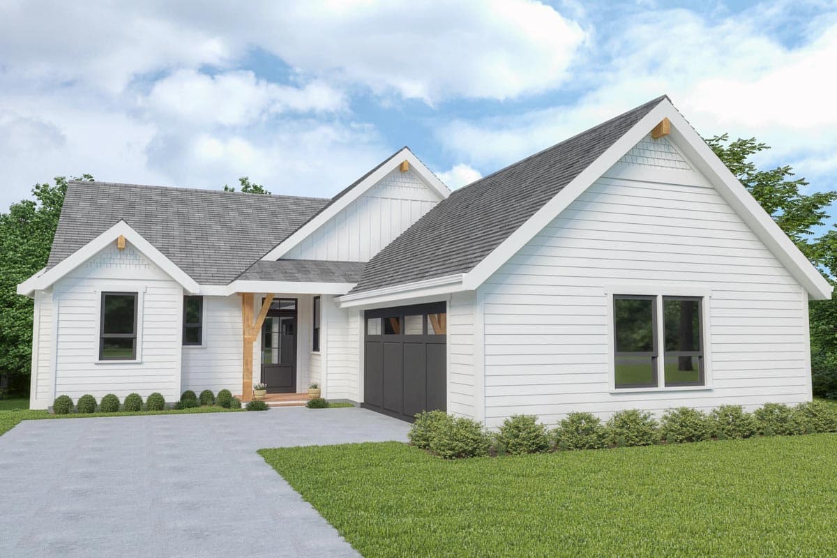 House plan exterior featuring a Modern Farmhouse style with a gabled roof, a covered porch with a wood beam, and an attached garage.