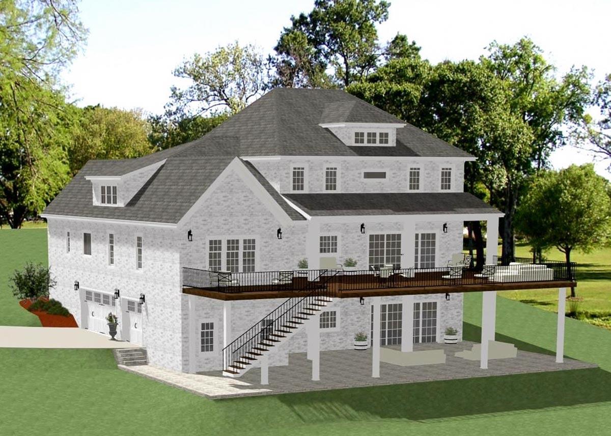 House plan exterior: Three-story Modern Farmhouse with brick facade, multiple gables, dormers, wraparound deck, and side-entry garage.