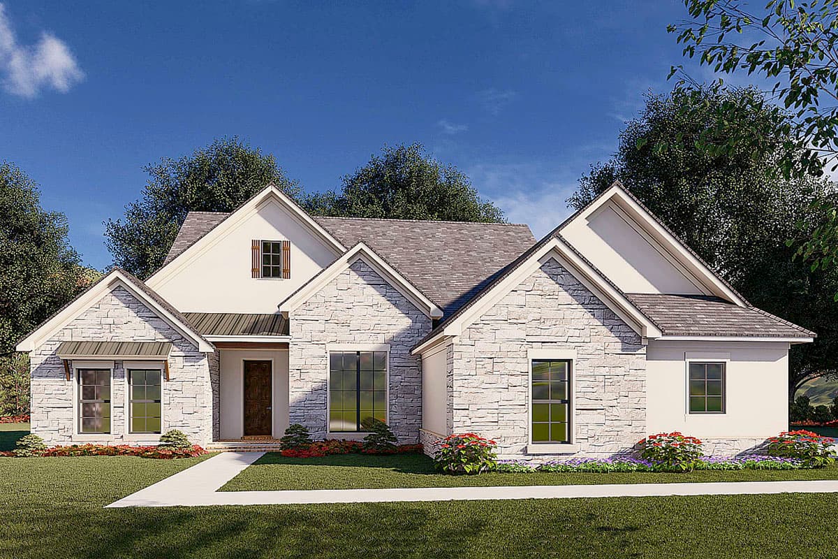 House plan exterior. One-story farmhouse style with stone veneer, multiple gables, and a shed-roof porch over the entry.