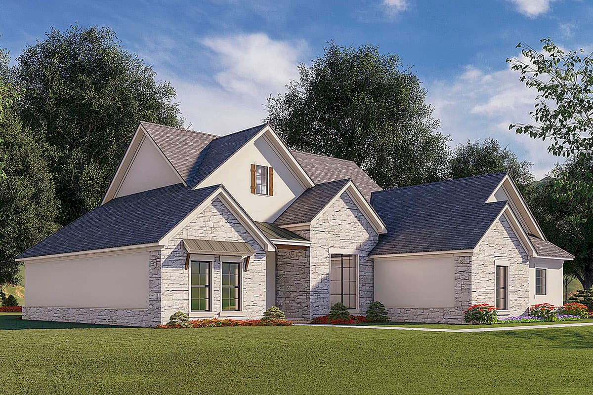 House plan exterior: two-story Modern Farmhouse with stone accents, gables, dormer, and prominent rooflines.