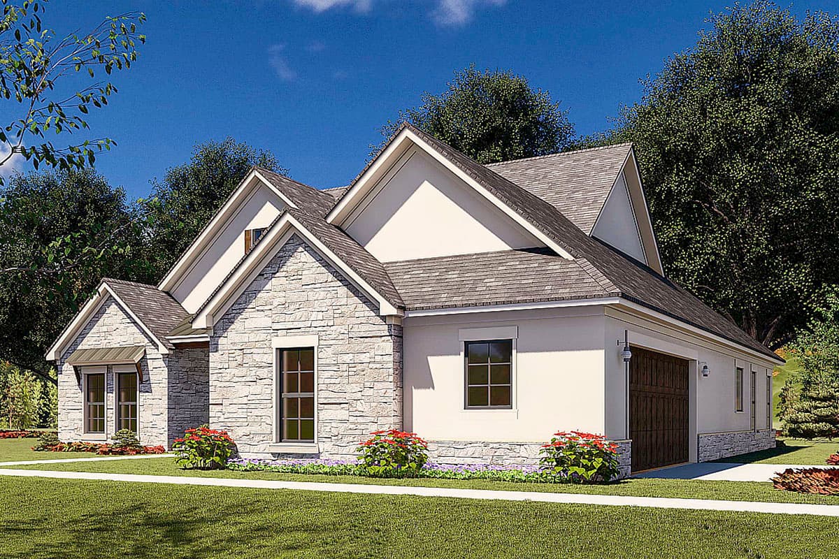 House plan exterior of a one-story home with stone accents, gables, and a detached garage.