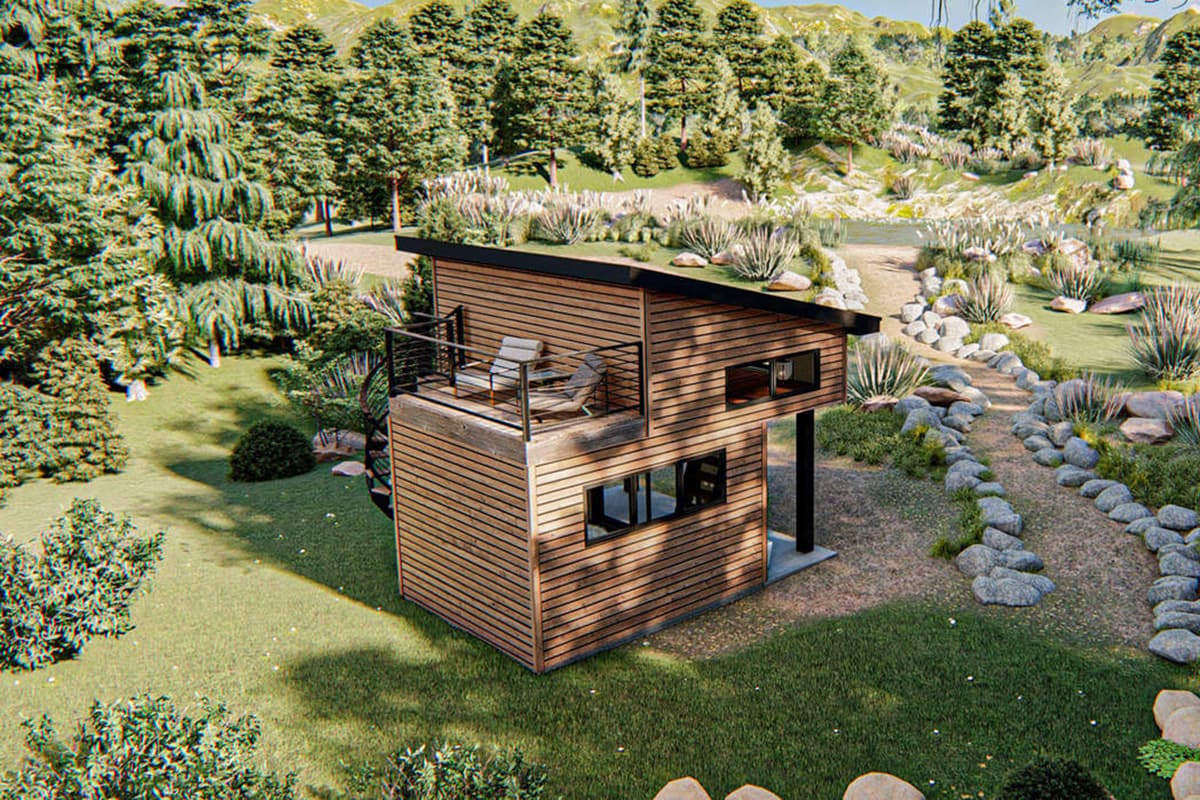 Modern house plan exterior with horizontal wood siding, a flat green roof, second-story balcony with seating, and spiral staircase.