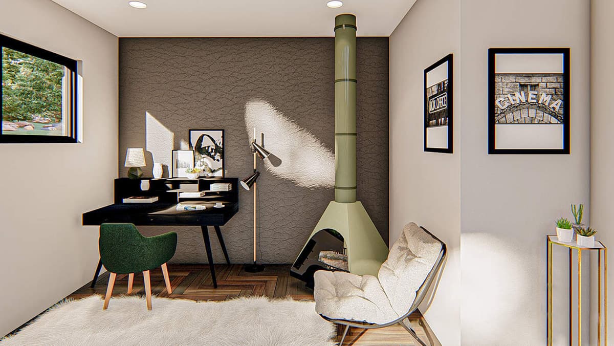 Interior rendering of a room with a desk, chair, freestanding fireplace, and artwork. Features include a textured accent wall and a large window.