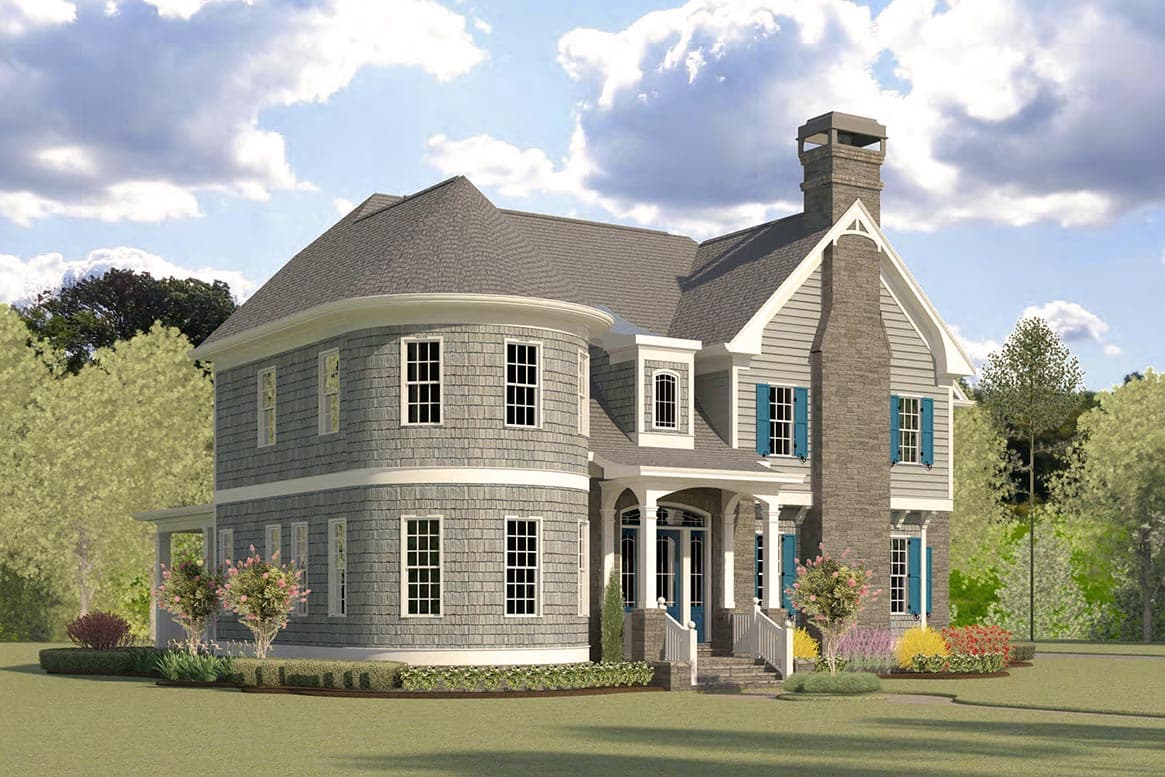 House plan exterior: two-story home with a curved facade, stone chimney, gables, dormers, and a covered entry.
