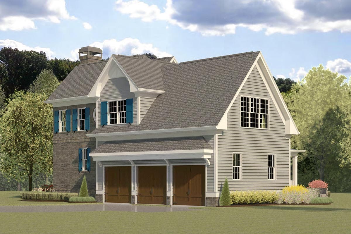 House plan exterior: Two-story home with stone accent, triple garage doors, dormer, and multiple gables.