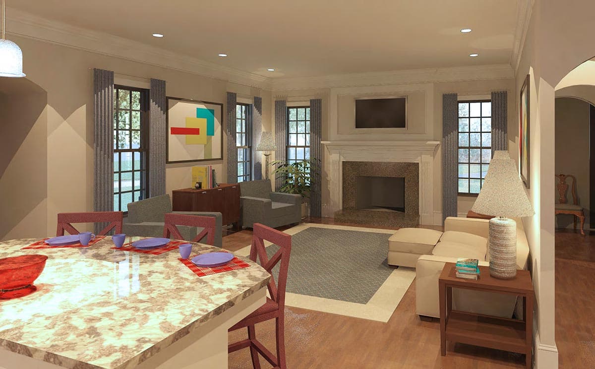Rendering of a great room with fireplace, sectional sofa, dining area, and island.