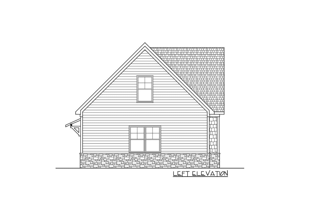 Left elevation drawing of a house plan with lap siding, stone base, gable roof, and two windows on the main level.