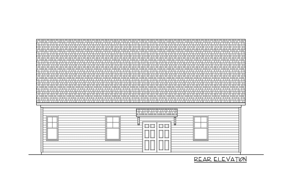 Rear elevation drawing of a house plan with double doors, a covered entryway, and three windows.