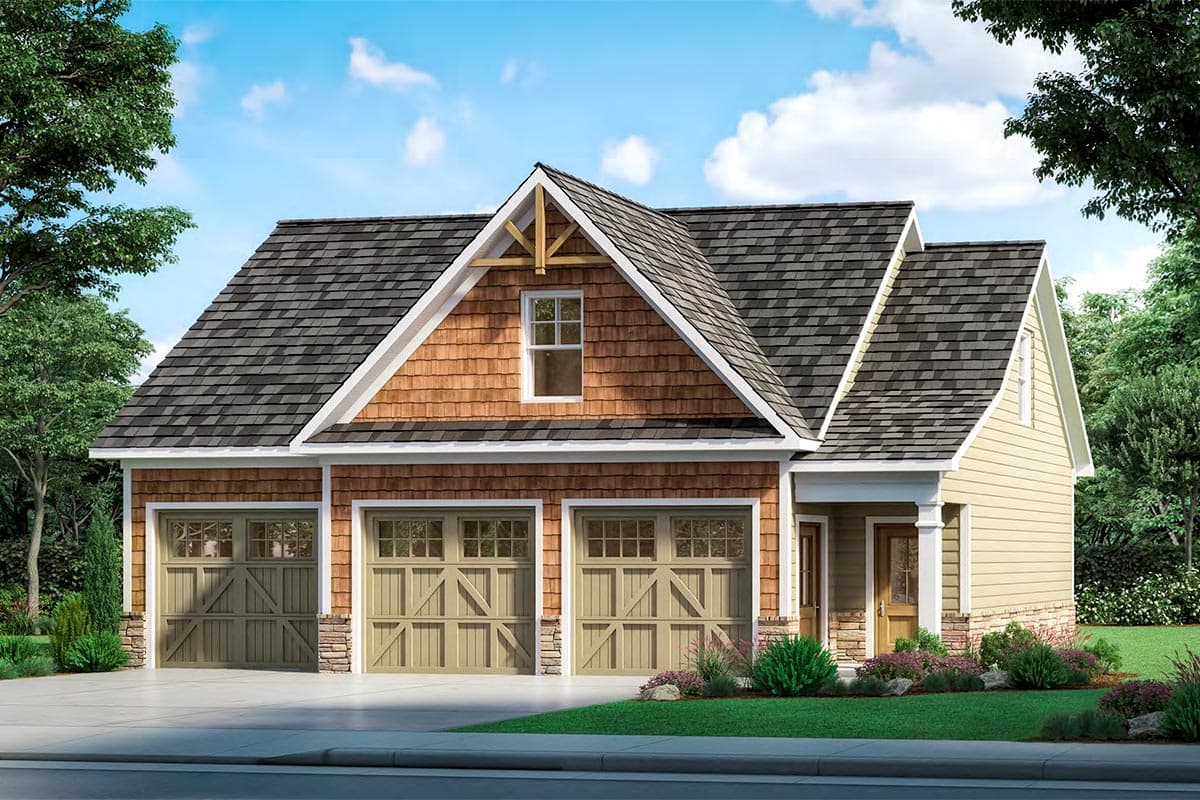 House plan exterior. Craftsman style, single story with three-car garage. Features include a gable roof, shake siding, and a decorative truss.
