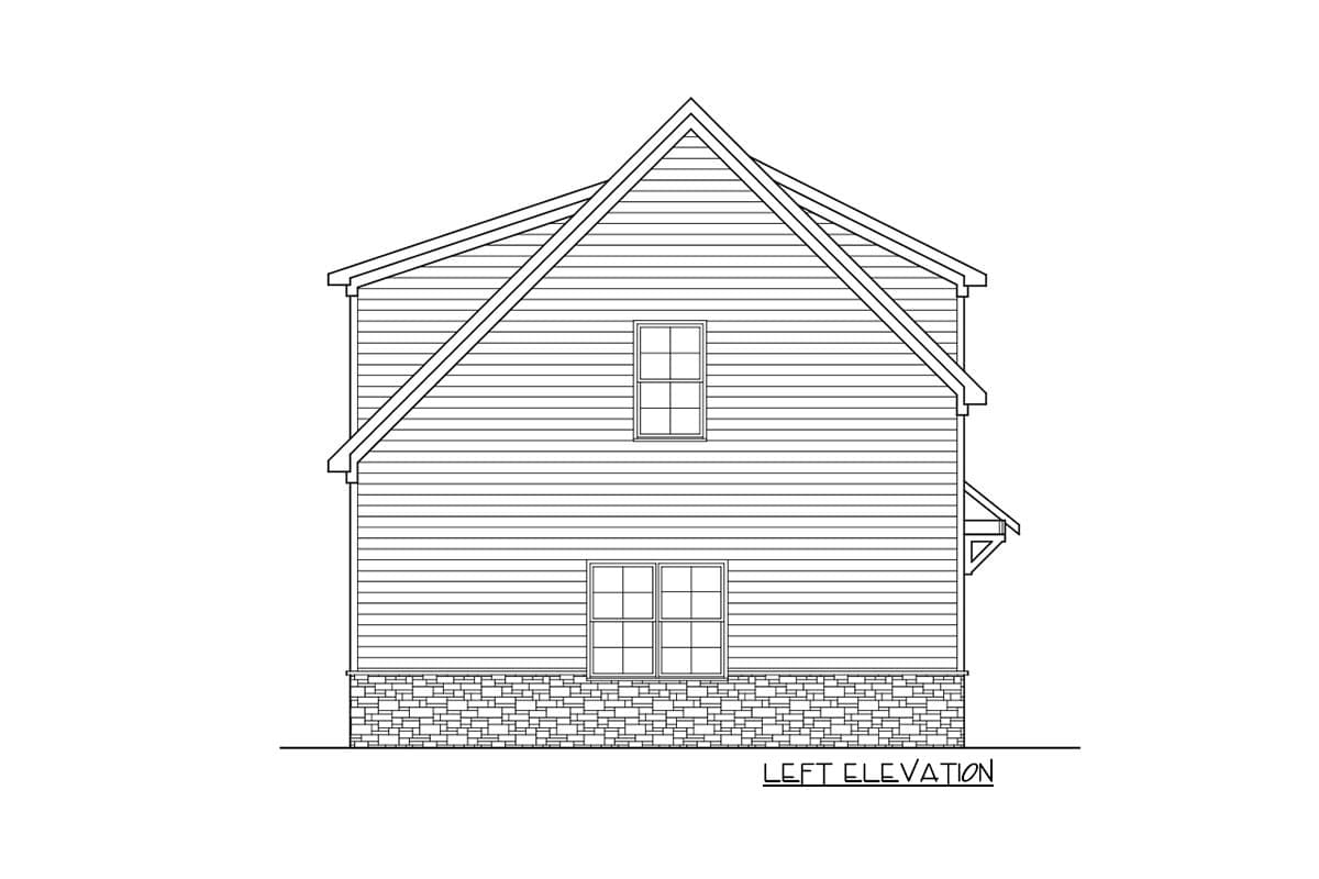 Left elevation drawing of a two-story house plan with horizontal siding, gable roof, and stone foundation.