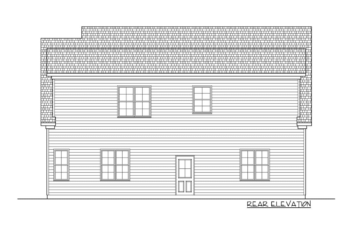 Rear elevation drawing of a two-story house plan with vinyl siding, multiple windows, and a rear door.