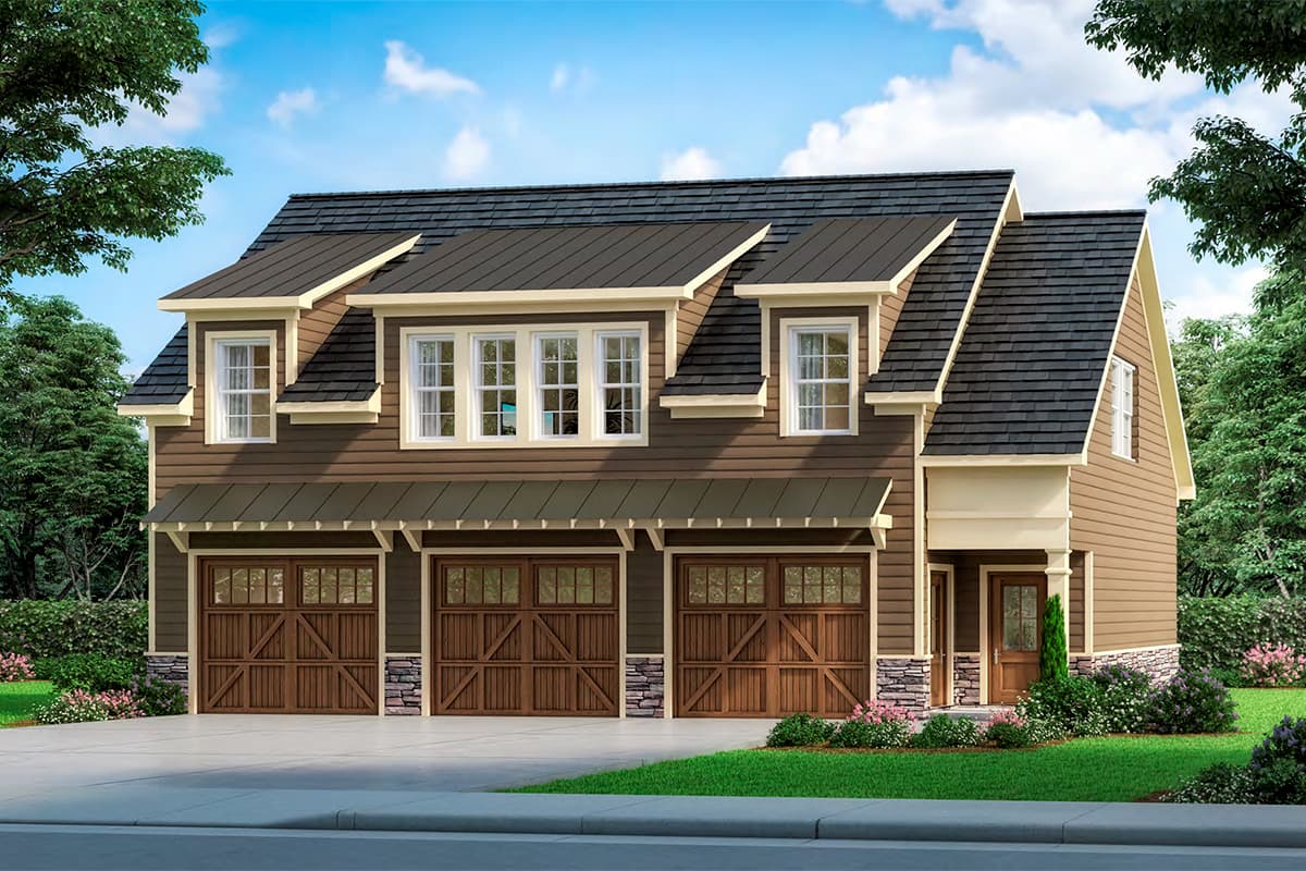 House plan exterior. Two-story Craftsman home with a three-car garage. Features include dormers, a covered porch, and a gable roofline.