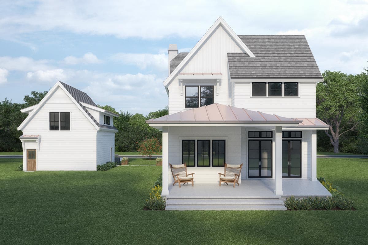 Modern farmhouse house plan exterior, two stories, white siding, gabled dormers, metal roof porch, and detached garage.