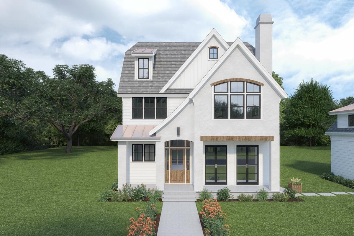 House plan exterior: Modern Farmhouse style, two stories, gabled dormer, arched window, stone chimney.
