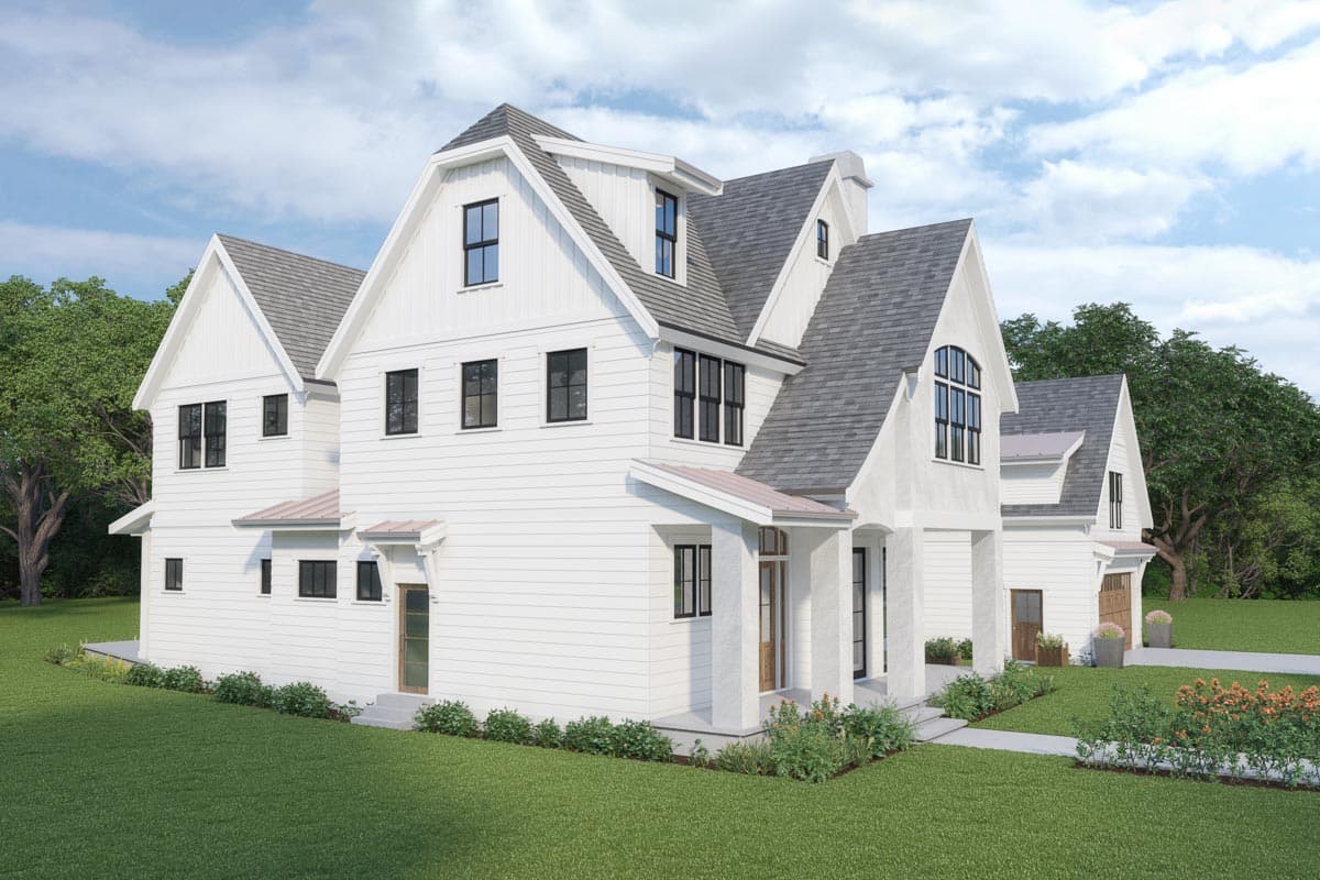 Modern Farmhouse house plan exterior with multiple gables, dormer, and attached garage.