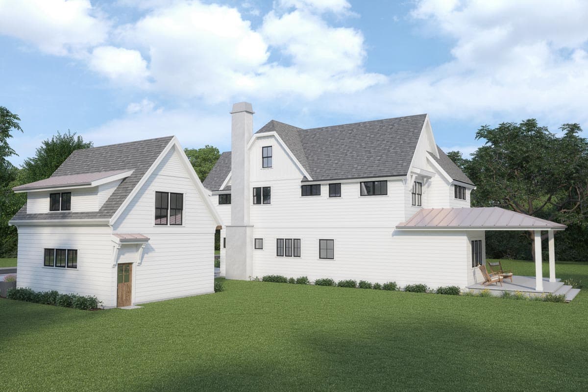 Modern Farmhouse house plan exterior with gables, white siding, multiple stories, a large chimney, and a covered porch.