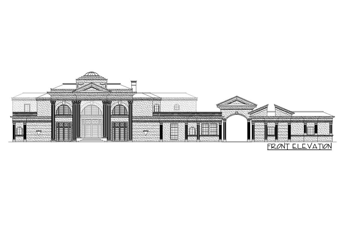 Front elevation drawing of a neoclassical house plan with a prominent portico, arched windows, and an attached symmetrical colonnade.
