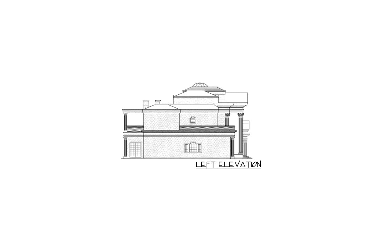 Left elevation drawing of a house with a domed roof, columns, and a balcony.