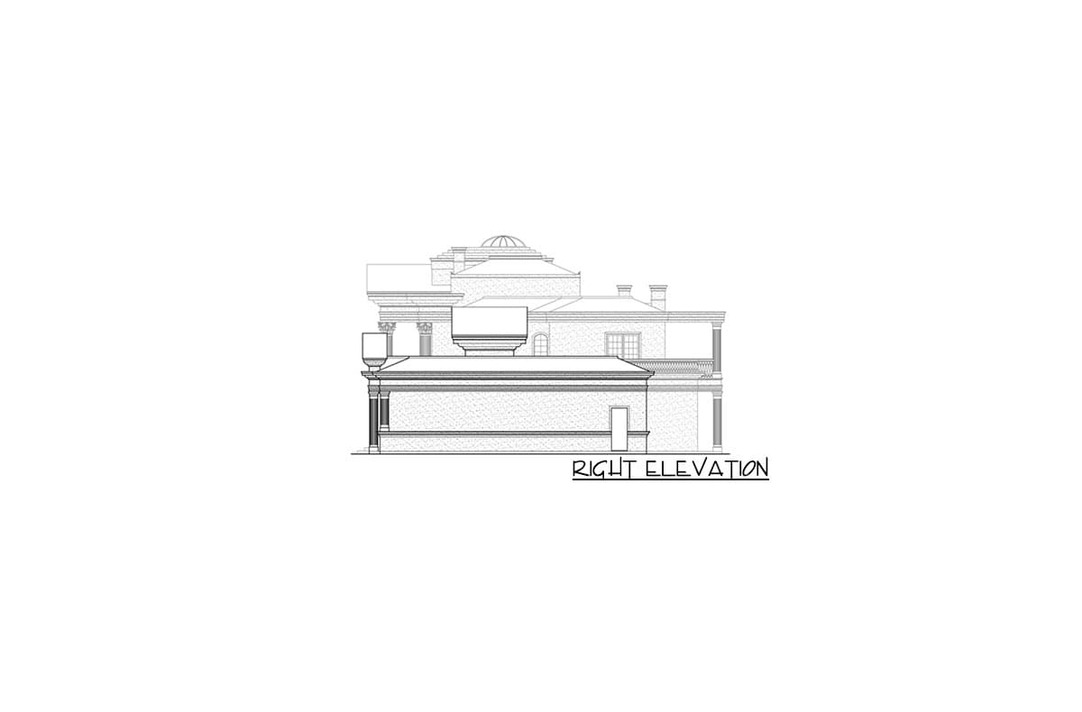 Architectural house plan elevation drawing: right side view of a multi-story structure with a dome, chimneys, and balconies.