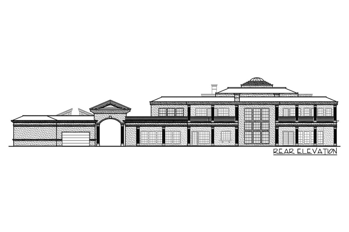 Rear elevation drawing of a two-story house plan with an attached garage, arched entryway, balconies, and a central dome.