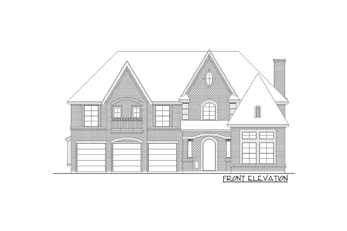 Front elevation house plan of a two-story brick home with a five-car garage, arched entryway, and multiple gables.