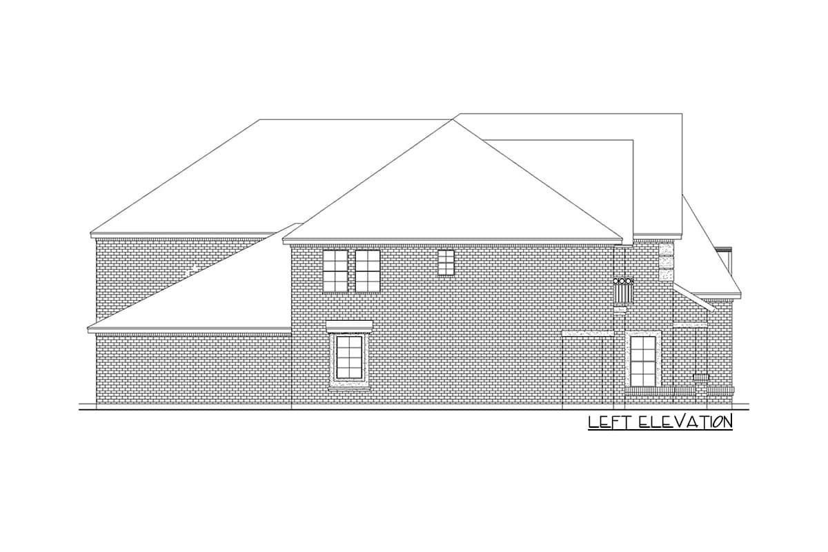 Left elevation drawing of a two-story brick house plan with multiple gables and varied rooflines.